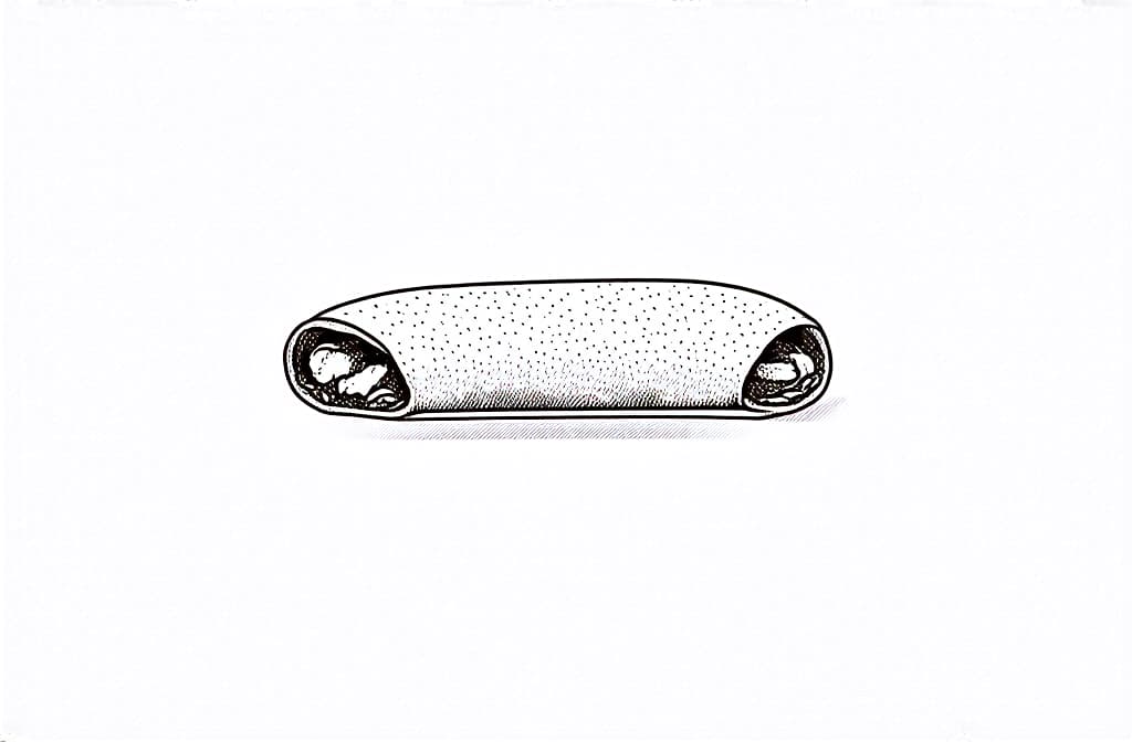  contour, very simple image in one unbroken black ink line, single line of burrito, engraving illustration, icon isolated on white background ar 3:2 using a single continuous black line ink brushon white background, drawing should be created without lifting the pen, recognizable features of burrito, engraving illustration, icon isolated on white background ar 3:2 in one unbroken line