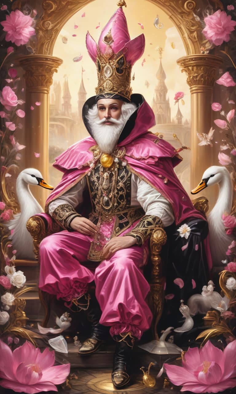  concept art tarot color pink, white, black, gold swans a man in the costume of a jester, a costume in a diamond cap with bells on it a lot of crystals . digital artwork, illustrative, painterly, matte painting, highly detailed, perfect hands