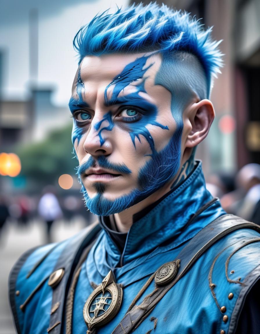  genazi air, man, stubble on the face, beard, rough facial features. scar on the face, short hairstyle, blue hair, air magician, sorcerer, fully body, 8k,hdr, masterpiece, hyperrealisme, extreme detalied,, perfecteyes, hkmagic