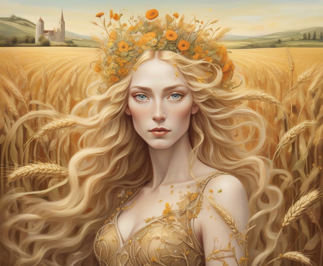  create a surreal mixed media portrait of sif, the norse goddess of earth and harvest, blending dalí's dreamlike worlds and klimt's organic forms. show sif with golden hair merging with wheat fields, vines, and blooming flowers. her gown should mix leaves, petals, and grains. surround her with a surreal landscape where earth create a surrealist mixed media portrait of sif, the norse goddess of earth and harvest, inspired by the dreamlike worlds of salvador dalí and the organic forms of gustav klimt. depict sif with flowing golden hair that merges with fields of wheat, her locks interwoven with vines and flowers that seem to grow and bloom in real time. her gown should be a collage of natural textures—leaves, petals, and grains—softly b