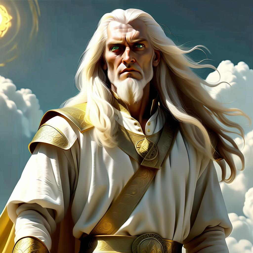  4k, quality, cinematic, fantasy, medieval, ancient, tall majestic man, long haired, white and gold hair, eyes sparkling, shaved face, wise look, long white clothes, stands against the sky