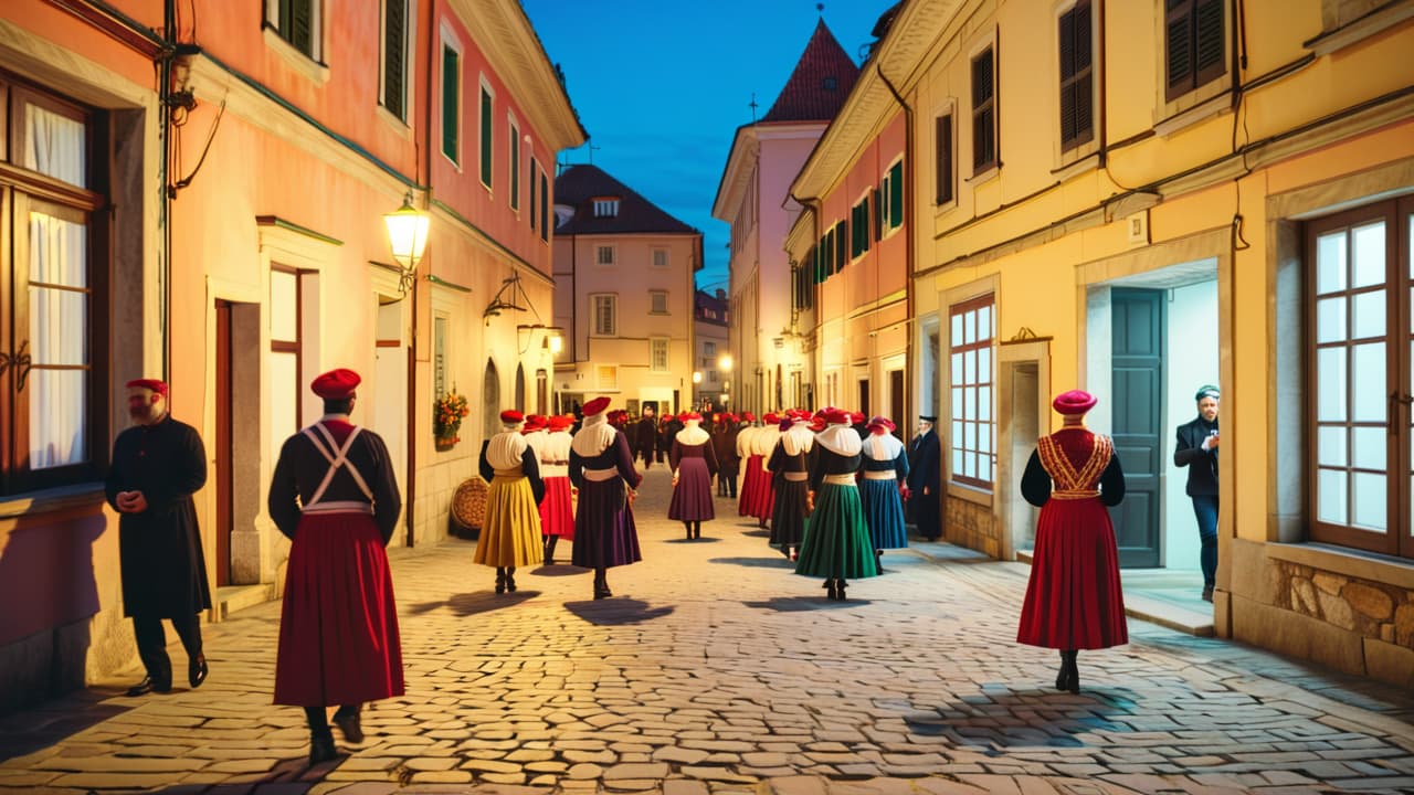  @ image prompt: a vibrant scene of croatian locals engaging in traditional customs, such as a festive gathering with music and dance, showcasing the warmth and hospitality of croatian culture, set against a picturesque backdrop of historical architecture. hyperrealistic, full body, detailed clothing, highly detailed, cinematic lighting, stunningly beautiful, intricate, sharp focus, f/1. 8, 85mm, (centered image composition), (professionally color graded), ((bright soft diffused light)), volumetric fog, trending on instagram, trending on tumblr, HDR 4K, 8K