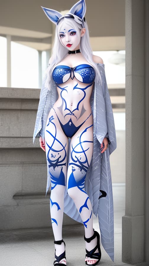  White and blue bat pattern body paint in every corner of the body, silver body paint all over the body, Grey face paint on the face, Two elfs, full body image 女性