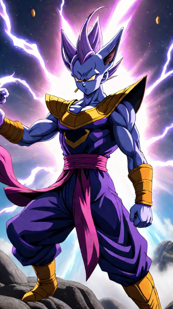  anime art: beerus showcasing his powers by erasing zamasu and confronting goku's ultra instinct. hyperrealistic, full body, detailed clothing, highly detailed, cinematic lighting, stunningly beautiful, intricate, sharp focus, f/1. 8, 85mm, (centered image composition), (professionally color graded), ((bright soft diffused light)), volumetric fog, trending on instagram, trending on tumblr, HDR 4K, 8K