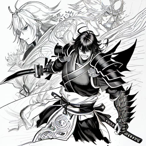  man aggressive, wild smile, black armor, big sword, samurai, fire from the eye, sketch, manga sketch, pencil drawing, black and white, manga, manga style, low detail, line art, vector art, monochromatic, by katsuhiro otomo and masamune shirow and studio ghilibi and yukito kishiro