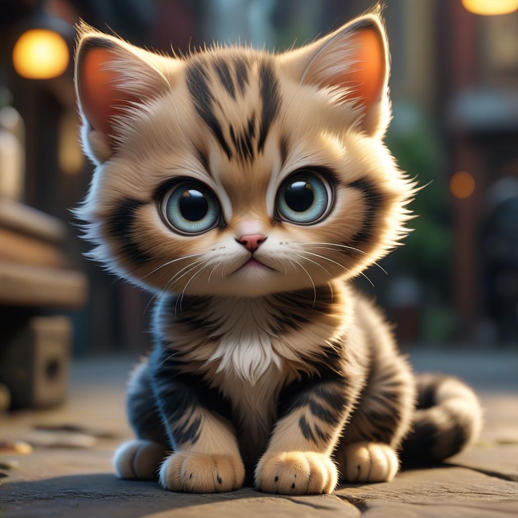  cute baby cat with huge eyes, sad eyes, tattoo, hyperrealistic, full body, detailed clothing, highly detailed, cinematic lighting, stunningly beautiful, intricate, sharp focus, f/1. 8, 85mm, (centered image composition), (professionally color graded), ((bright soft diffused light)), volumetric fog, trending on instagram, trending on tumblr, HDR 4K, 8K