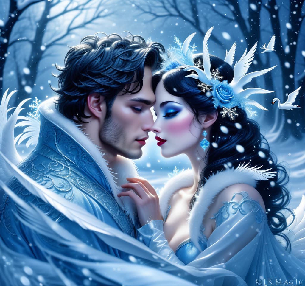  dreamscape thy name is (kiss the snow1,2) . ((key, (ice, blue1,6 sip)) ((blue eyed)) i've been jinxed ((snow singer1,8) . ((snow swan)) ((the snow swan)) feathers at my feet.( feathers flutter and slowly sink into the snow). (snow white swan): the head and body are creamy white with a silvery tint. wings of white blue colour from snowflakes (roses): light blue colour with leaves from ice crystals. background:soft blue with delicate patterns of falling snow and curls of blizzards, ice patterns on water.(style):fantasy, romantic art, silver age poetry, 19th century, dedication. . surreal, ethereal, dreamy, mysterious, fantasy, highly detailed, civitai, hkmagic