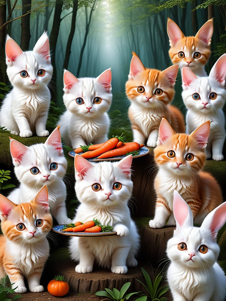  in the forest, the kittens carry a plate of delicious food full of carrots to the rabbits. cats, with soft orange hair and bright big eyes, rabbits, covered in white hair。 photo realistic, highly intricate and detailed, masterpiece, ultra high res,photography,8k resolution