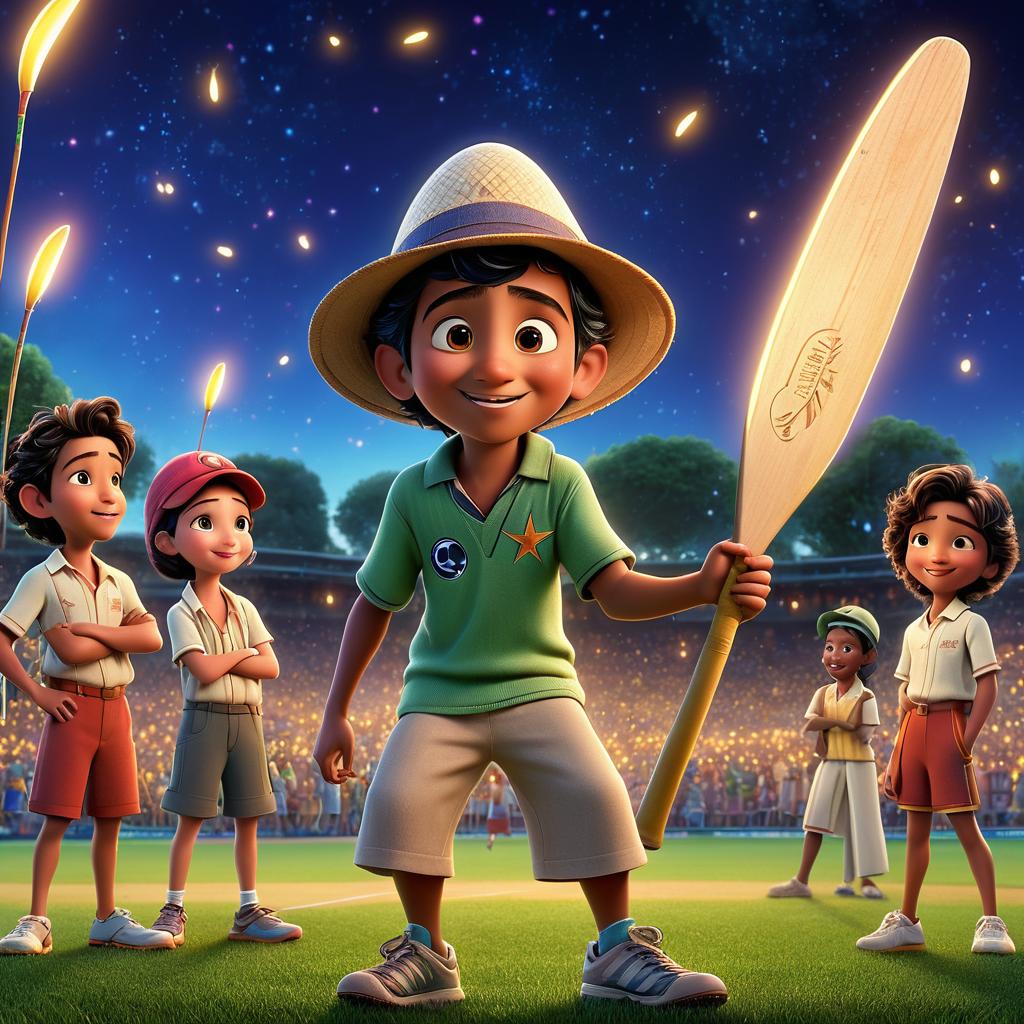  in 3d animated movie style. disney pixar style. osama, a old , radiates energy and curiosity in casual attire, surrounded by his friends in colorful sportswear. the ancient magical cricket bat exudes wisdom and mystery. set on a vint, mystical cricket field with shimmering fireflies, the magical bat casts a enchanting glow. created in high resolution pixar 3d animated film style, detailed characters have lifelike features. rich greens and vint hues of the ren's clothes fill the scene, softly lit to enhance the magical atmosphere. the dynamic bird's eye view captures the group's wonder on the magical cricket field, hinting at an unfolding adventure.