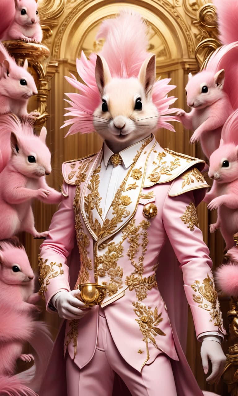  concept art color pink, white, black, gold there are stars everywhere in the hall. filippe of kirkores in a gold suit of squirrels and feathers . digital artwork, illustrative, painterly, matte painting, highly detailed, perfect hands