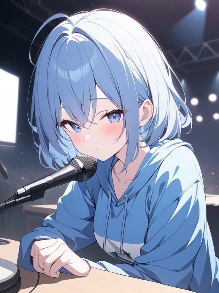  light blue hair, light blue, bob hair, microphone, live, blue hoodie, yay, masterpiece, best quality,8k,ultra detailed,high resolution,an extremely delicate and beautiful,hyper detail