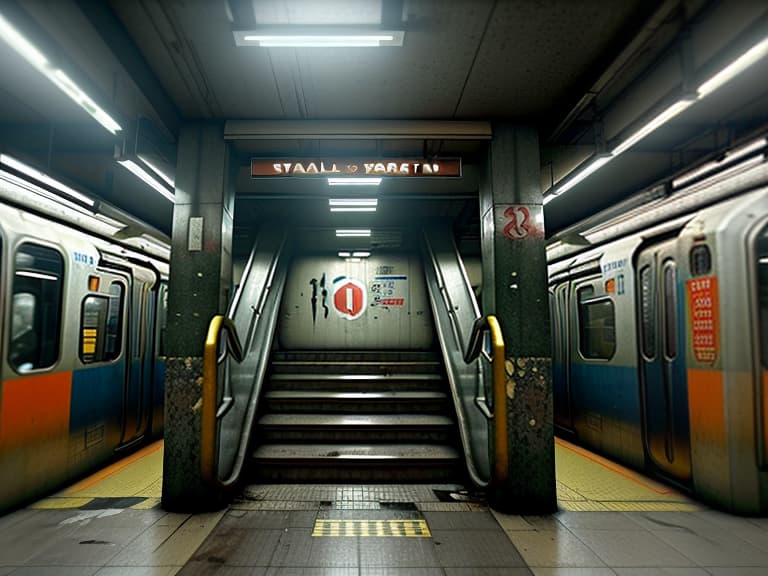  ultra realistic huge part of the subway where there are many trains that have already begun to rust broken windows around many stairs and huge bunker gates as in the game of subway 2033