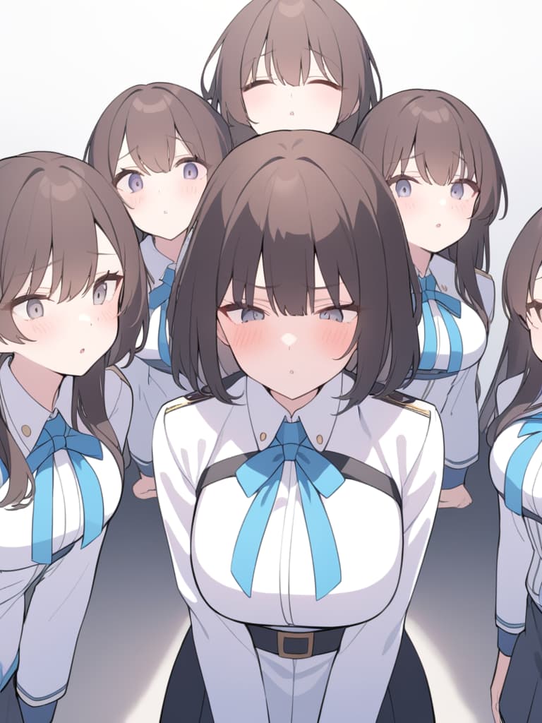  highest quality, ultra quality, scales up, bust up, female, complete, uniform ribbon, uniform expression, complete, complete, bob hair, dark brown hair, women, on the ground, , and clrooms