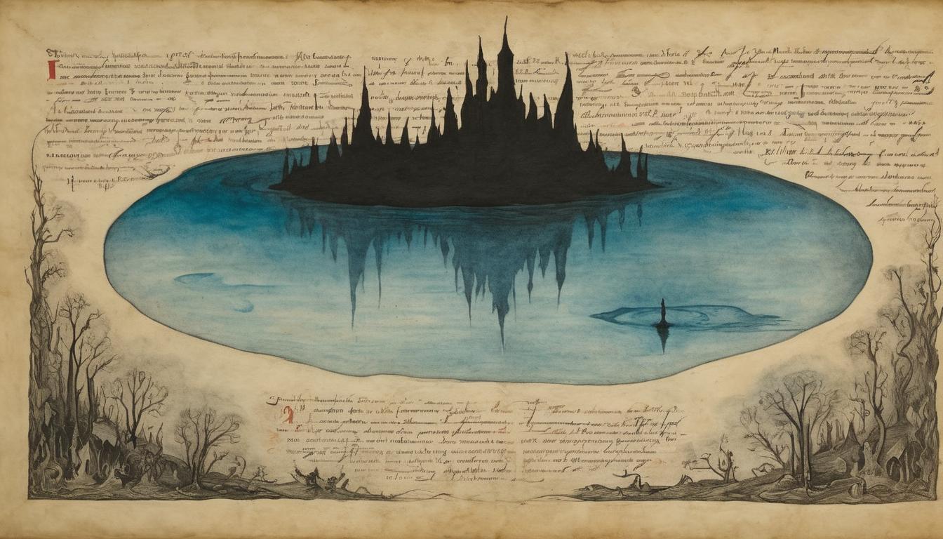  on parchment, surrealism++, tear dropping into a glowing lake, ripples radiating light, sorrow, transcendence(mysterious, provocative, symbolic)++