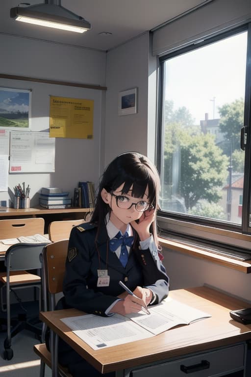  \"a high studying in a clroom. she is wearing a neat uniform, sitting at a desk with books and stationery out. the clroom has large windows letting in natural light, and there are posters on the walls. the has an engaged and focused expression as she writes in her notebook.\", advertising photo,high quality, good proportion, masterpiece , the image is captured with an 8k camera