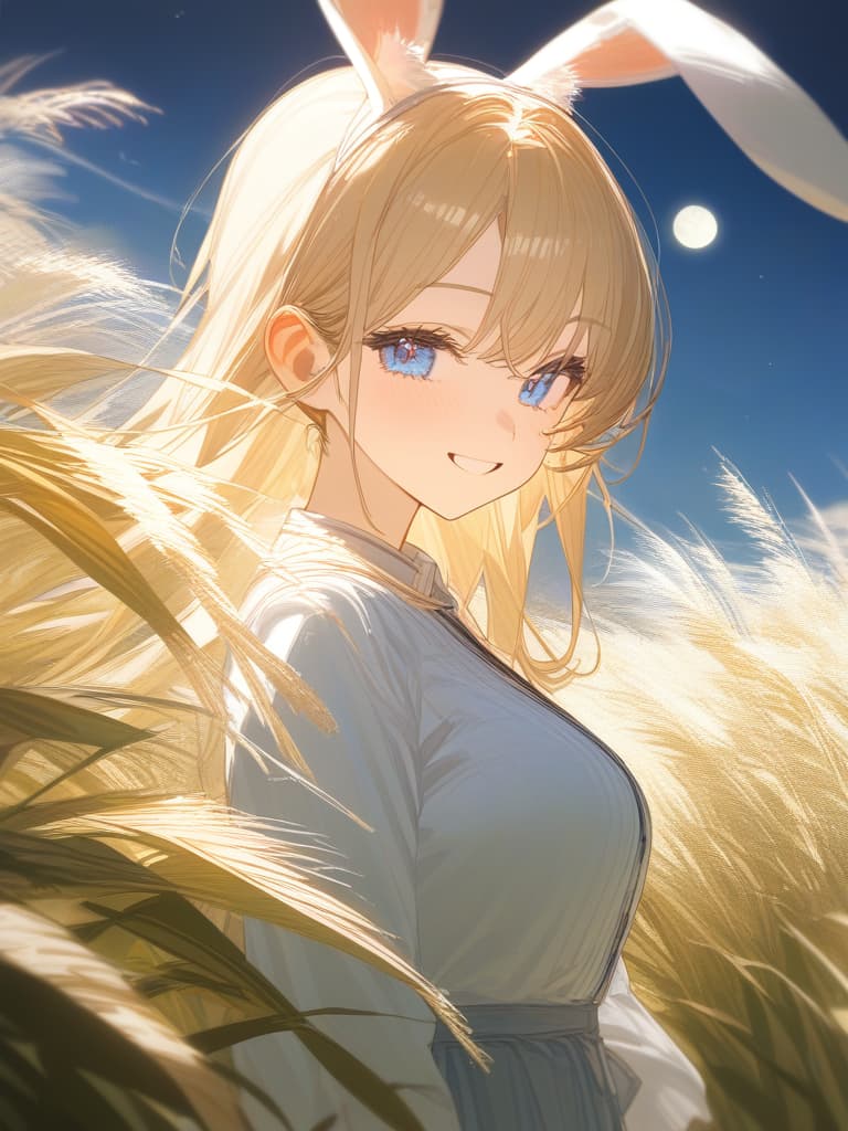  blond, girl, blue eyes, moon watching, pampas grass, smiling, rabbit, rabbit ears, masterpiece, best quality,8k,ultra detailed,high resolution,an extremely delicate and beautiful,hyper detail