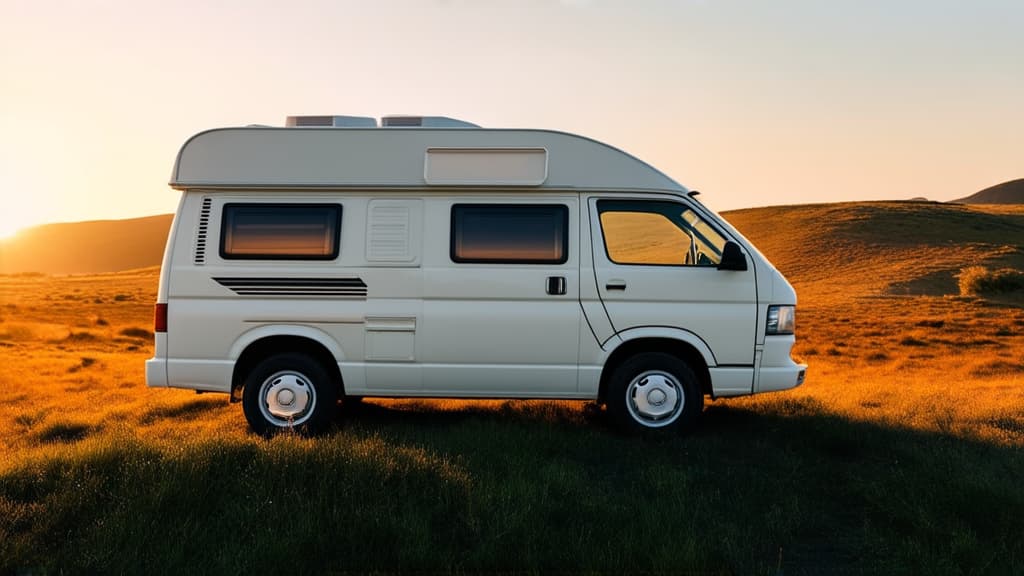  a white camper van parked in a scenic landscape during sunset. this image represents travel, freedom, and the beauty of nature ar 16:9, (natural skin texture), highly detailed face, depth of field, hyperrealism, soft light, muted colors