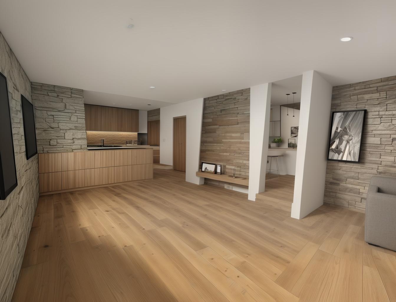  generate a photorealistic rendering of a modern living room with a combination of wooden floors and a stone accent wall. include sleek, contemporary furniture to contrast with the natural materials, creating a sophisticated yet comfortable atmosphere.