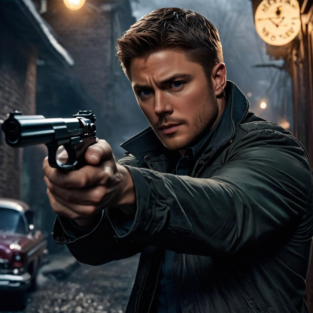  dean winchester, at night, holding a gun, trying to shoot a monster photo realistic, highly intricate and detailed, masterpiece, ultra high res,photography,8k resolution