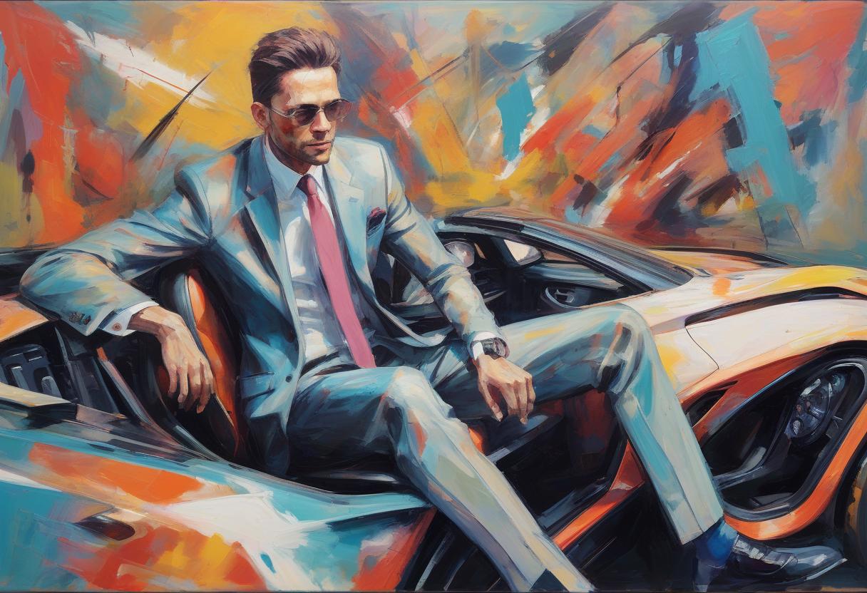  abstract expressionist painting a man in a suit sits in a sports car, and next to him a model . energetic brushwork, bold colors, abstract forms, expressive, emotional