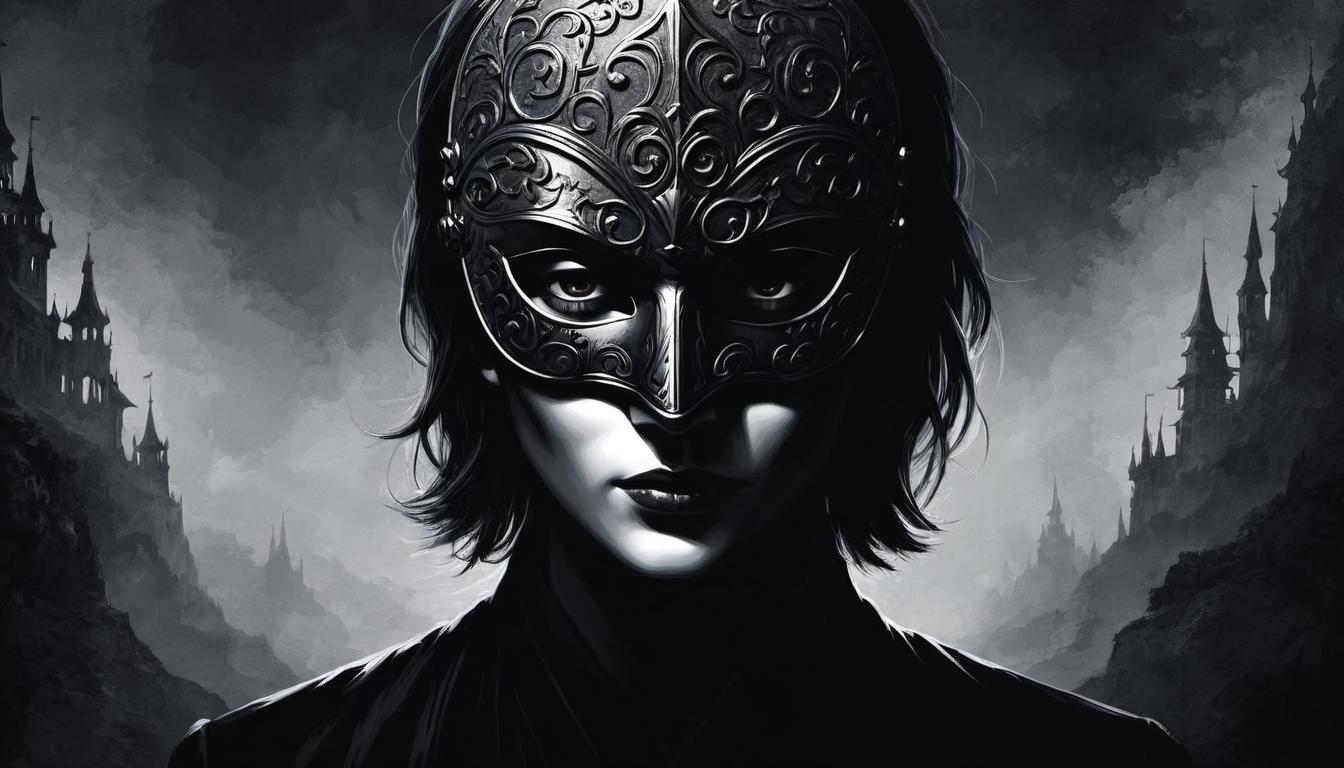  （surrealism)a person in deep shadow, holding a mask that resembles the viewer’s face, hidden intentions, high contrast, uneasy mystic, intricate details, best quality)