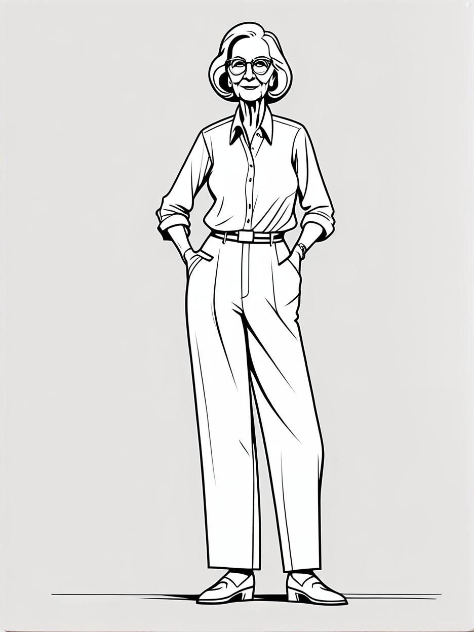  minimalism, a full body fashion croquis template of a tall elderly woman standing up, facing the camera in a casual pose, similar to a corporate full body picture. the pose is casual and friendly with minimal expression in the limbs; one arm down and the other on her hip. the figure is stylized with 10 head ratio proportions, black and white sketch, no facial features, no hair, no clothing. the linework is clean, with thin lines and no shading., abstract, simple geometic shapes, hard edges, sleek contours, minimalism