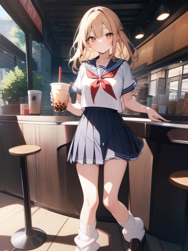  junior high school students, loose socks, sailor uniforms, loafers, blonde, tapioca milk tea, beige eyes, girls, cafes, masterpiece, best quality,8k,ultra detailed,high resolution,an extremely delicate and beautiful,hyper detail