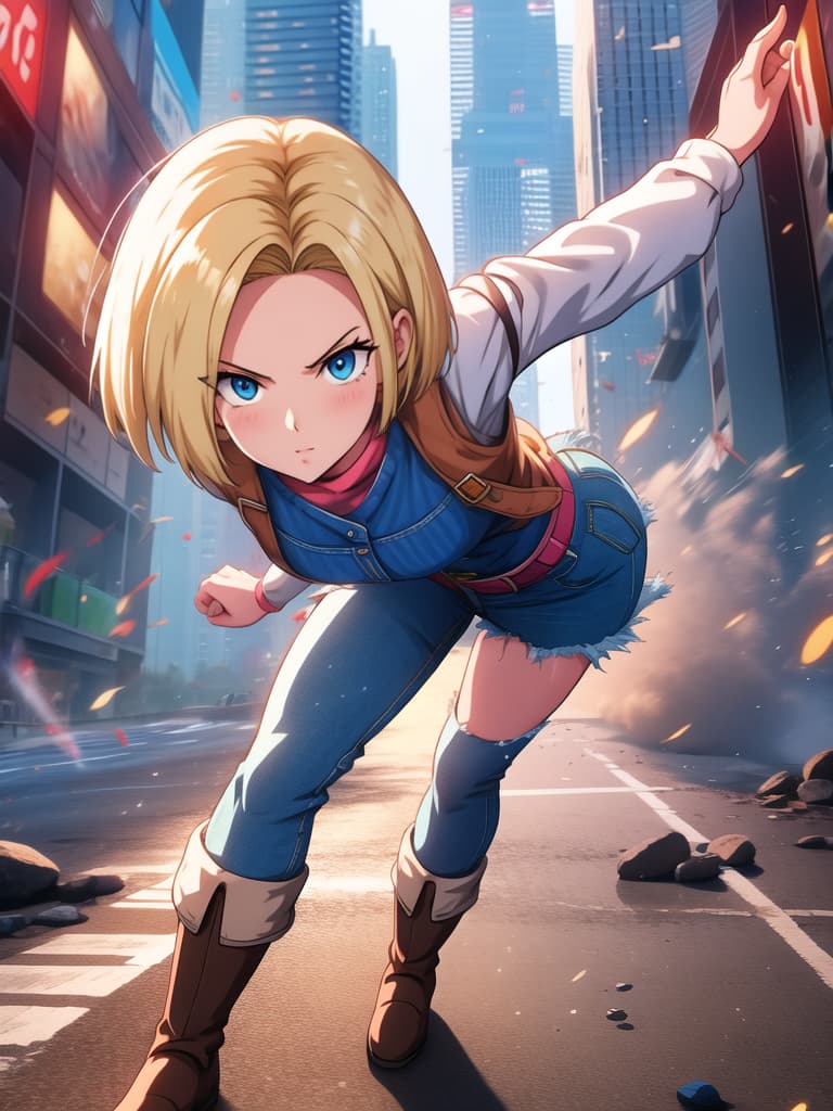  "generate an anime style image of android 18 with blonde short hair and blue eyes. she’s wearing her iconic denim vest, striped long sleeve shirt, black mini skirt, and brown boots, standing confidently. the background is either a futuristic cityscape at night or a desolate battle scene, with a cool and refined overall style.android 18.