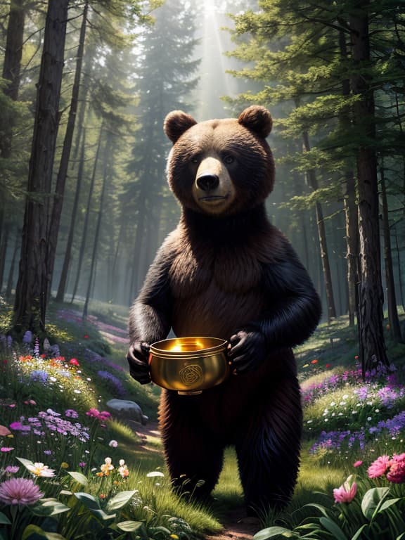  master piece, best quality, ultra detailed, highres, 4k.8k, bear, standing in a forest clearing, surrounded by flowers, holding a honey pot, and looking curious., curious, break a bear with polka dotted fur., forest clearing, flowers, honey pot, break serene, sunlight filtering through the trees, creating dappled light on the bear's fur.,