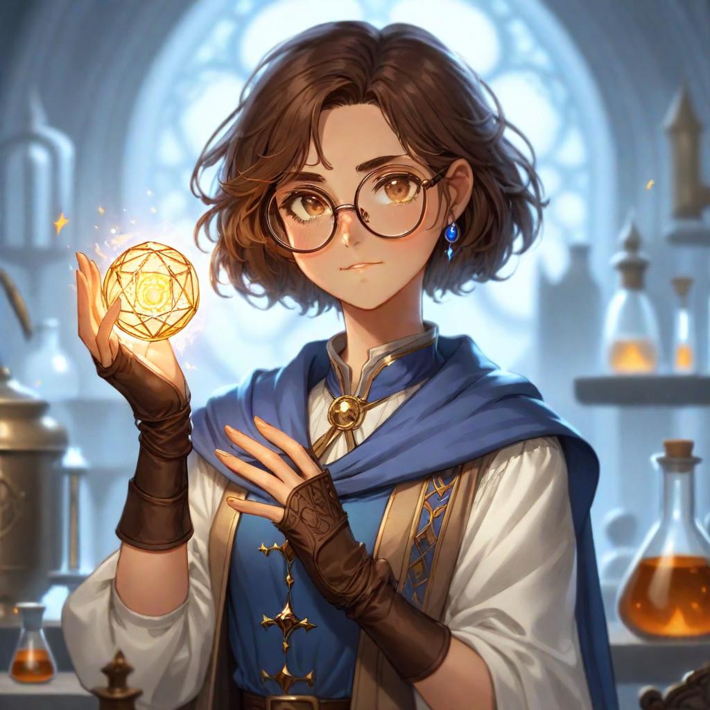  manga artwork girl wizard that is also an alquimist, she's wearing a white and brown attire with a blue cape. she has shor, brown wavy hair and big round glasses. anime rpg style . manga artist. manga, highly emotional. best quality, high resolution