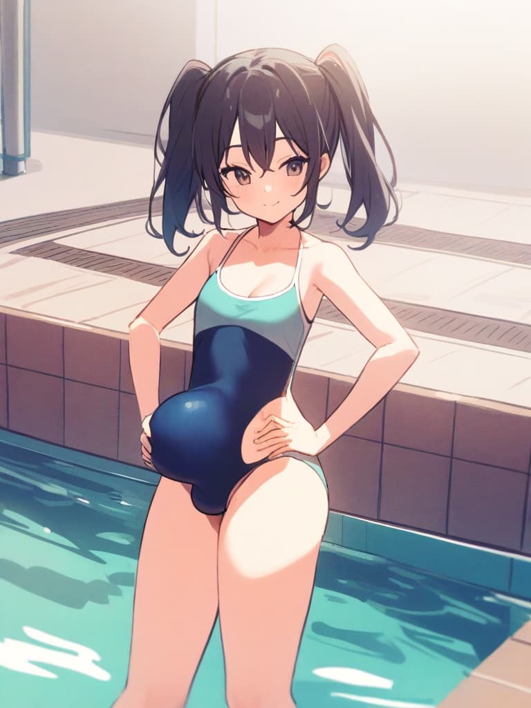  women's elementary students, twin tails, cute smiles, swimwear, man (bulge), (bulging), swimwear, poolside, whole body,