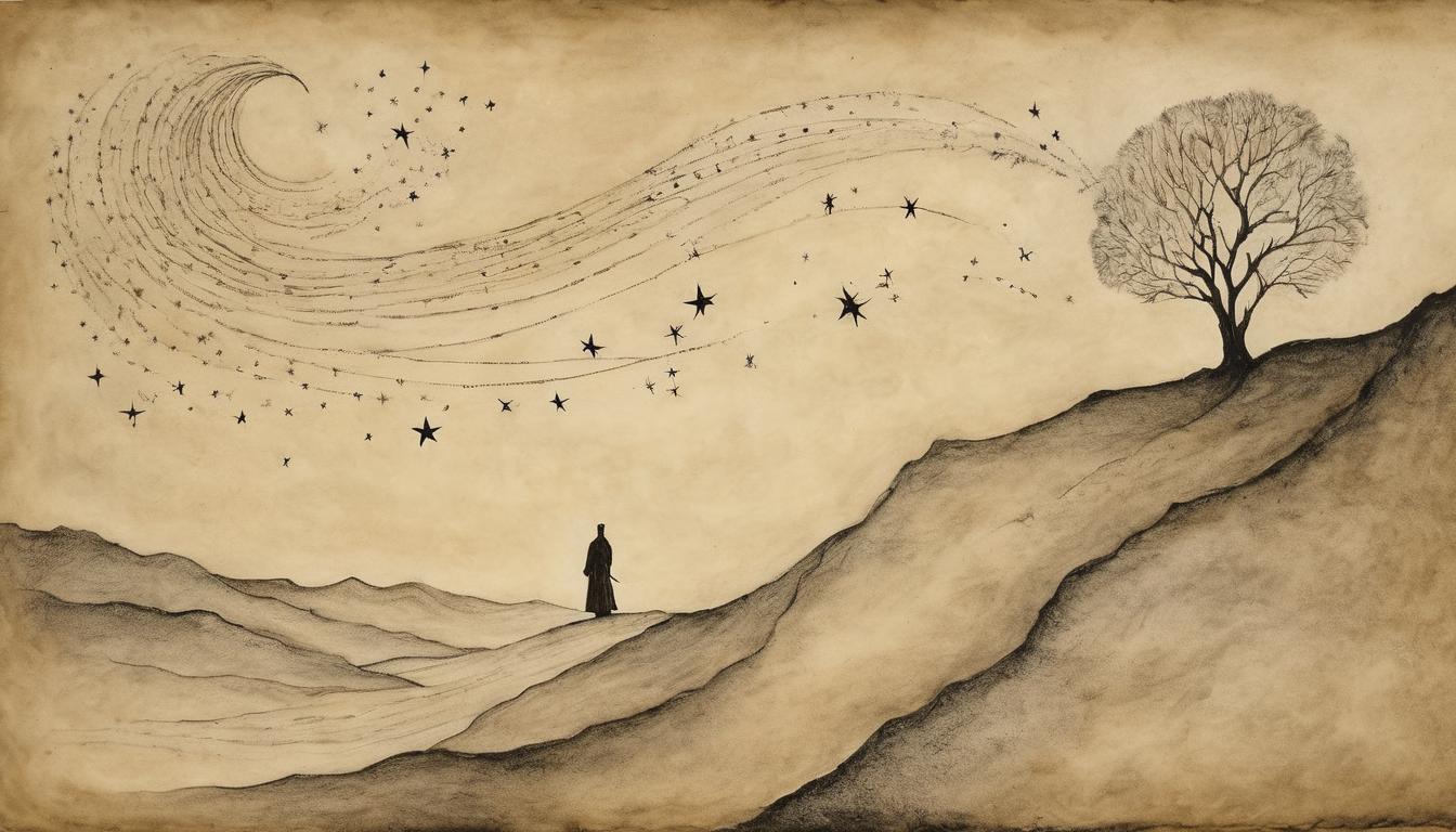  on parchment, surrealism++, lone figure on a ridge, wind blowing, stars above, determined, destined(mysterious, provocative, symbolic)++