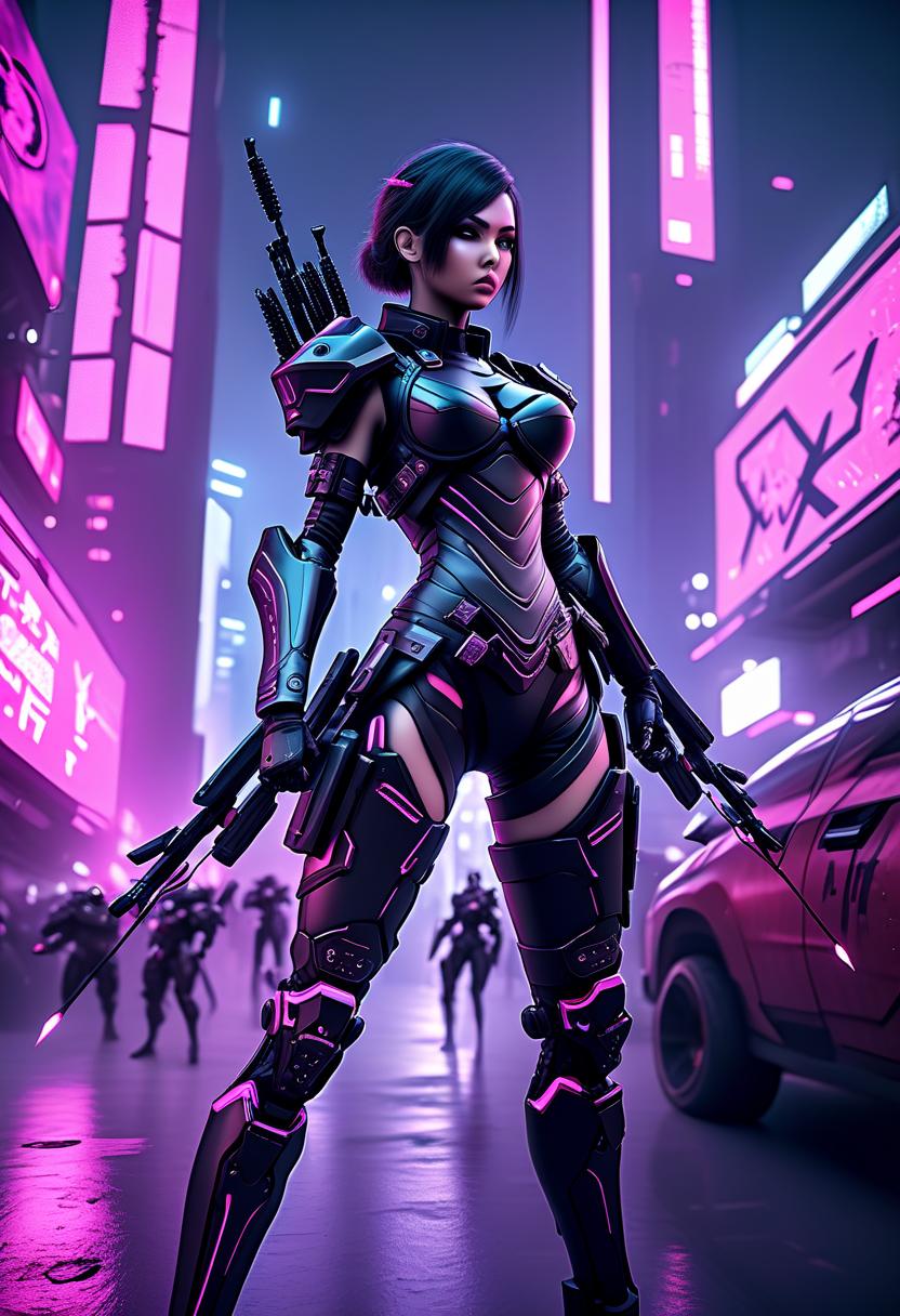  the futuristic girl archer of the future, in fashionable elite black cool armor, in cyber implants, fully armed with a combat arsenal, on armor the uroboros patch, stands in an attacking pose, 3d,hdt, ultra hd,hdr+,4k resolution, maximumism, realism, miltech agent, biomechanism, cyborgization, art, fantasy, both desktop wallpapers, detailing, cyberpunk style, in the background city of the future, hkmagic