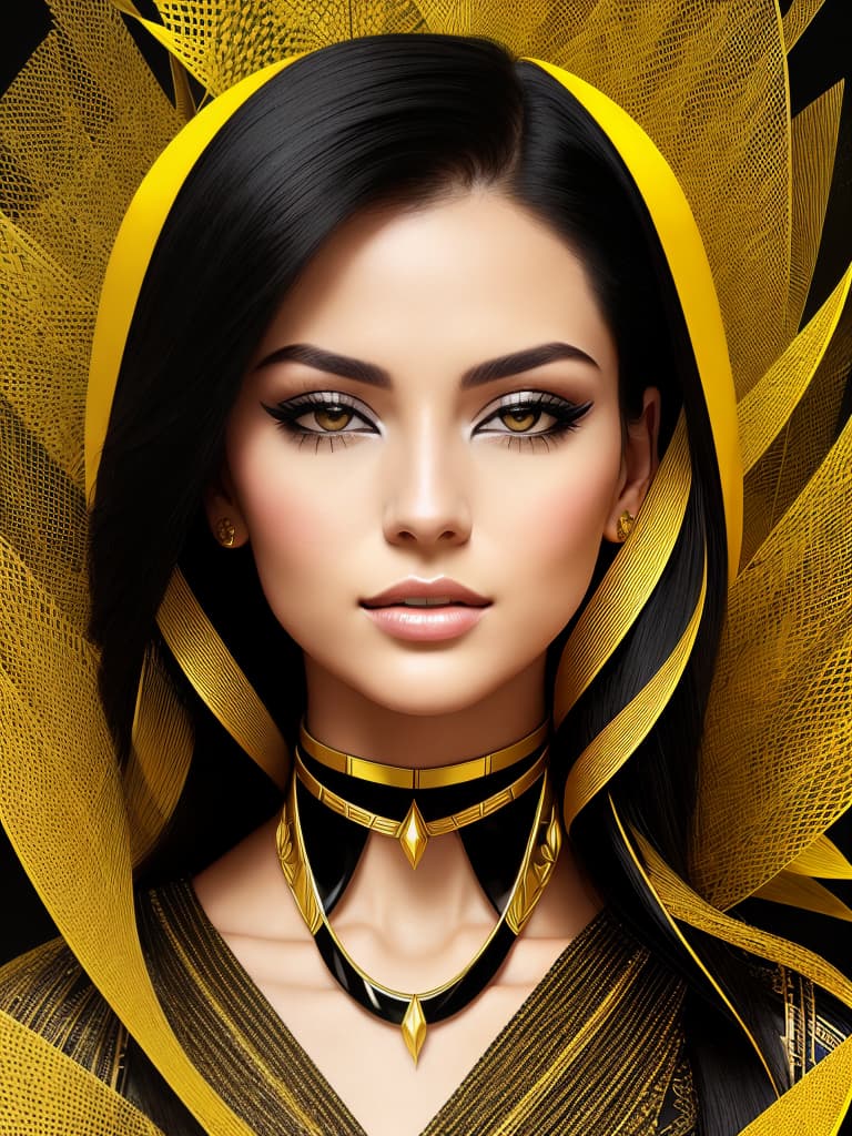  Golden yellow and sleek black color palette, captivating and inviting expression, exuding elegance and charm, magnetic beauty, intricate details, high contrast, luxurious feel, digital art, female, glossy finish, striking composition, dynamic lighting to enhance features.