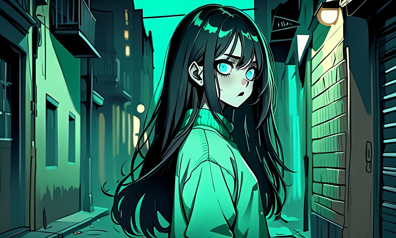  horror themed a girl in anime style with long black hair stands on an empty and night street dressed in a sweater of warm pastel green color and pants. the girl looks into the darkness with black lower eyelids under the eyes full of fear of the unknown and curiosity, and the bright turquoise eyes themselves stand out against the background of everything. the image uses warm and bed tones . eerie, unsettling, dark, spooky, suspenseful, grim, highly detailed