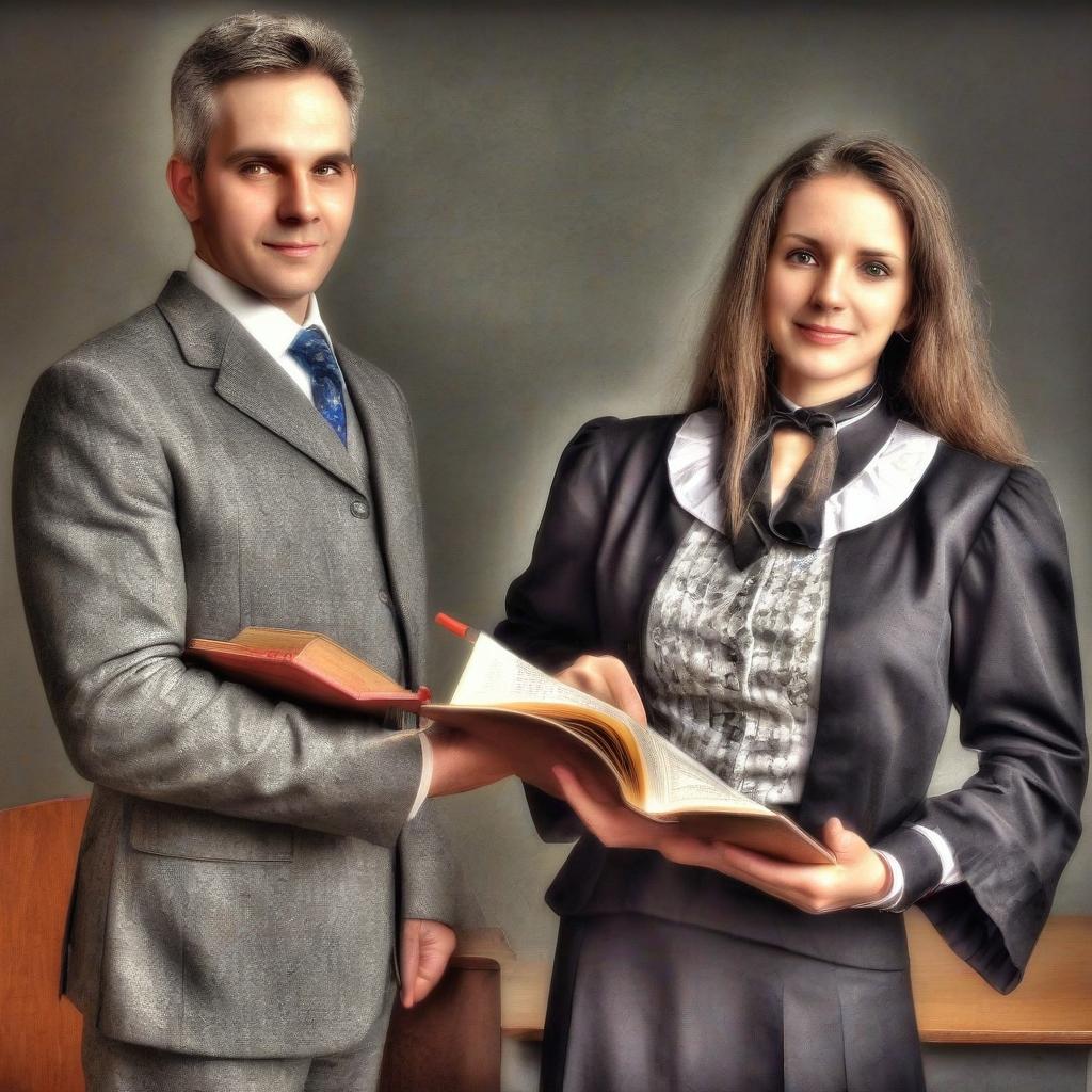  hdr photo of draw teachers a man and a woman who are in official costumes and write and a woman is standing with a book in her hand . high dynamic range, vivid, rich details, clear shadows and highlights, realistic, intense, enhanced contrast, highly detailed