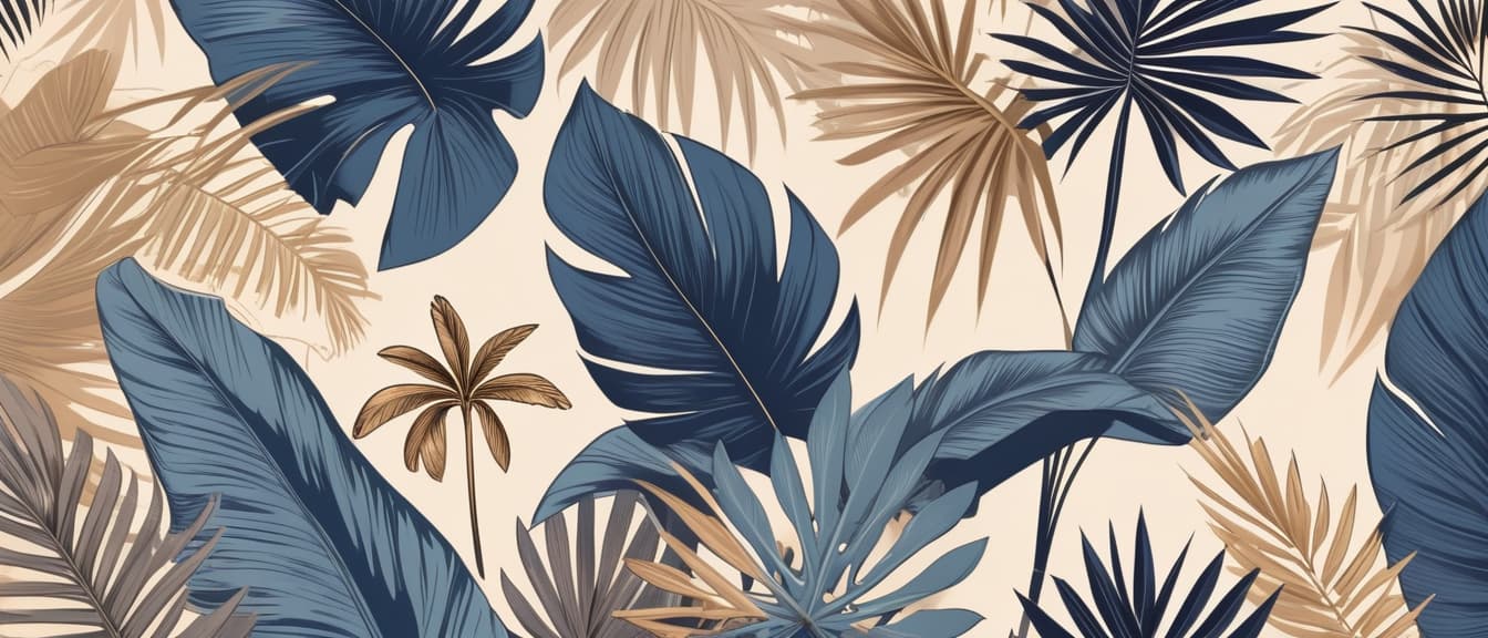  Tropical floral wallpaper. Illustrations of plants, palm leaves and flowers for poster, greeting card, background or invitation. Muted trendy blue, beige, gold and bronze colors