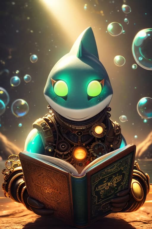  pixar style of a transparent mecha ((shark)), steampunk, cute, ((( luminous))), in the ocean, reading a magic book , bubbles, angry, high detailed, photorealistic, 8k hyperrealistic, full body, detailed clothing, highly detailed, cinematic lighting, stunningly beautiful, intricate, sharp focus, f/1. 8, 85mm, (centered image composition), (professionally color graded), ((bright soft diffused light)), volumetric fog, trending on instagram, trending on tumblr, HDR 4K, 8K