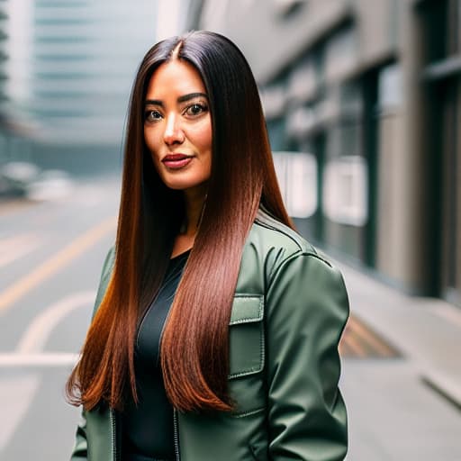  A woman with long hair and a black jacket is looking at the camera. hyperrealistic, full body, detailed clothing, highly detailed, cinematic lighting, stunningly beautiful, intricate, sharp focus, f/1. 8, 85mm, (centered image composition), (professionally color graded), ((bright soft diffused light)), volumetric fog, trending on instagram, trending on tumblr, HDR 4K, 8K