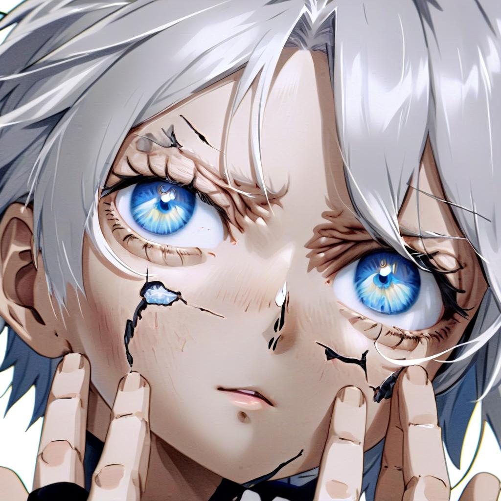  anime artwork .1 , body fully visible ++++ (very high detail) japanese ( + ++) old white hair, 2 size, blue eyes (light eyes), slim body, with small cuts, 10 meters from the camera, high detail . anime style, key visual, vint, studio anime, highly detailed, perfecteyes, perfect hands