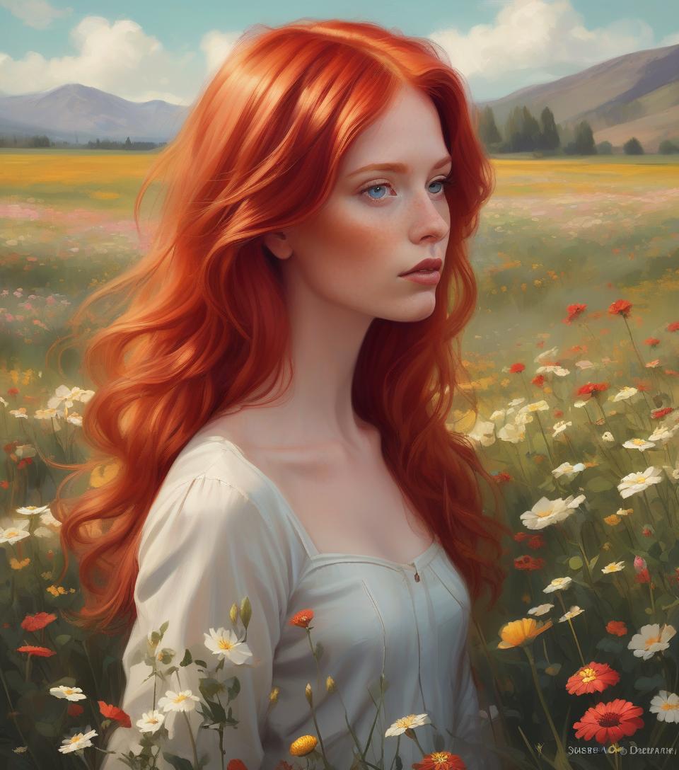  painting &quot;woman with red hair in a flower field&quot;, gorgeous digital painting, beautiful digital painting, galen dara, redhead woman, stunning digital painting, inspired by vincent lefevre, rhads and lois van baarle, digital oil painting, author: mads mountain, digital oil painting, portrait of a red haired girl, by igor grabar