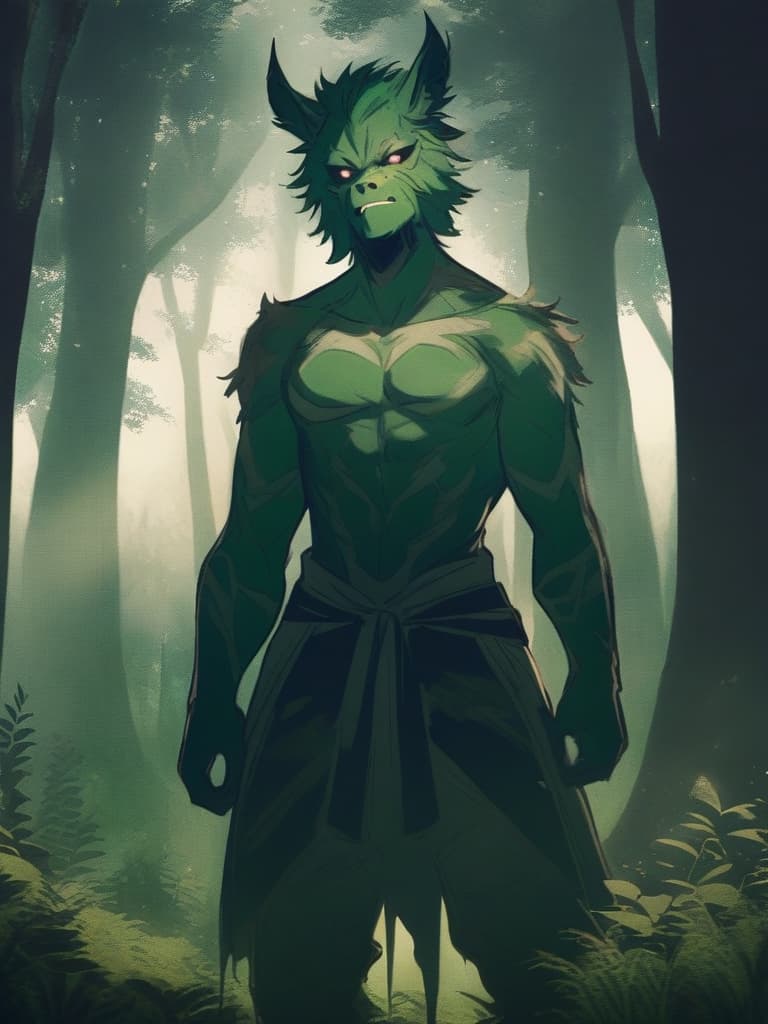  in the forest, beastman, female chemon, green fur, standing