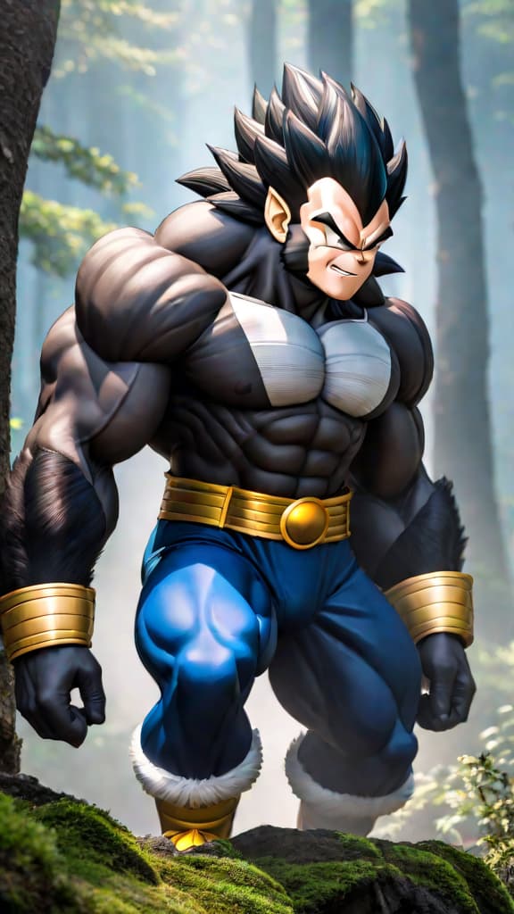  anime art: vegeta's great ape transformation hints at his hidden power in the saiyan saga. hyperrealistic, full body, detailed clothing, highly detailed, cinematic lighting, stunningly beautiful, intricate, sharp focus, f/1. 8, 85mm, (centered image composition), (professionally color graded), ((bright soft diffused light)), volumetric fog, trending on instagram, trending on tumblr, HDR 4K, 8K