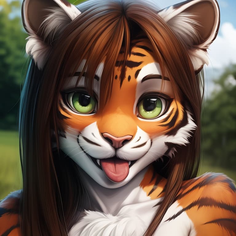  (by sicmop:1.5), felid mammal pantherine tiger blep blush brown_hair chest_tuft clothing female front_view fur green_eyes hair long_hair looking_at_viewer multicolored_body multicolored_fur orange_body orange_fur outside smile solo striped_body striped_fur stripes tongue tongue_out tuft white_body white_fur, open eyes, masterpiece, 4k, fine details,