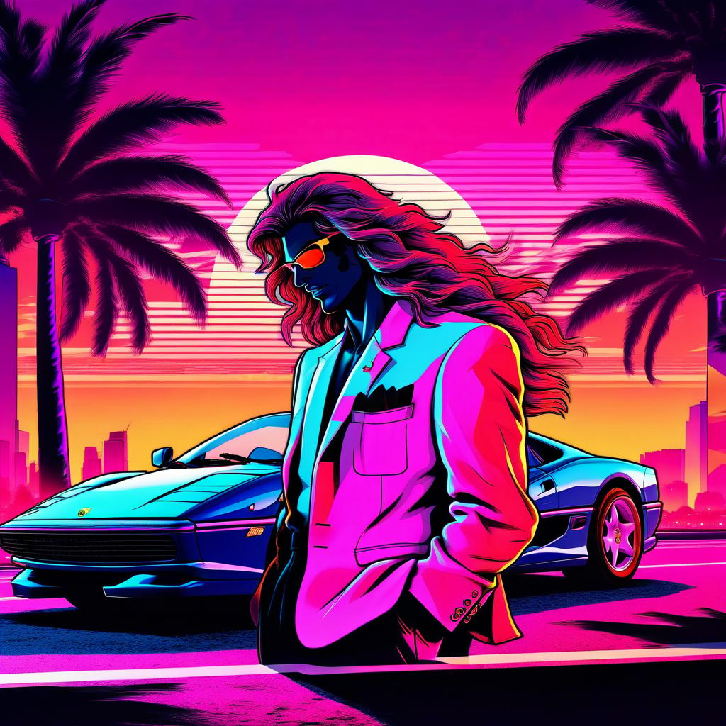  manga style retrowave man with long hair in next to the ferrari, retrowave road, retrowave sun, retrowave palm tree retrowave billboard . vibrant, high energy, detailed, iconic, japanese comic style