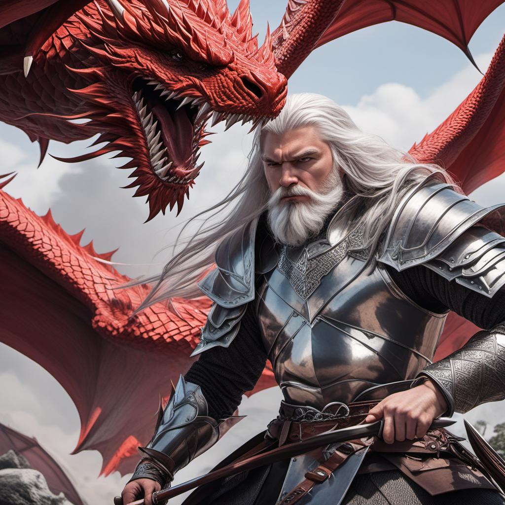  a white male warrior with long silver hair and beard slaying a red dragon, profile image style