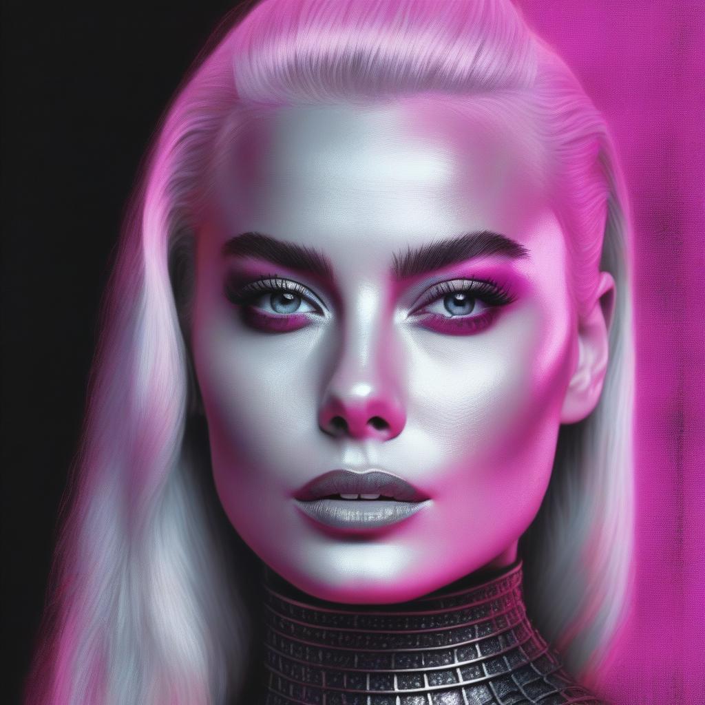  ((pencil drawing)), barbie movie Margot Robbie hellraiser pinhead pink --ar 4:5 --s 750 --niji 5, split image down middle vertically , high quality, highly detailed, 4K, 8K