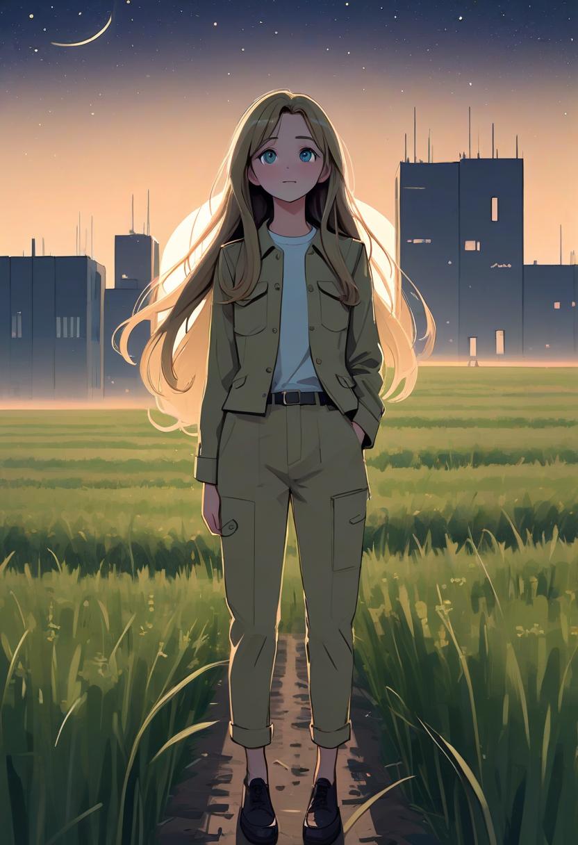  architectural style a girl with long hair stands in the middle of a field at dawn, dressed in khaki and pants. the girl looks at the sky, her eyes are full of joy from the unknown and curiosity. her face is a little happy. she pulls her hand up towards the night sky. her knee high growth . clean lines, geometric shapes, minimalist, modern, architectural drawing, highly detailed