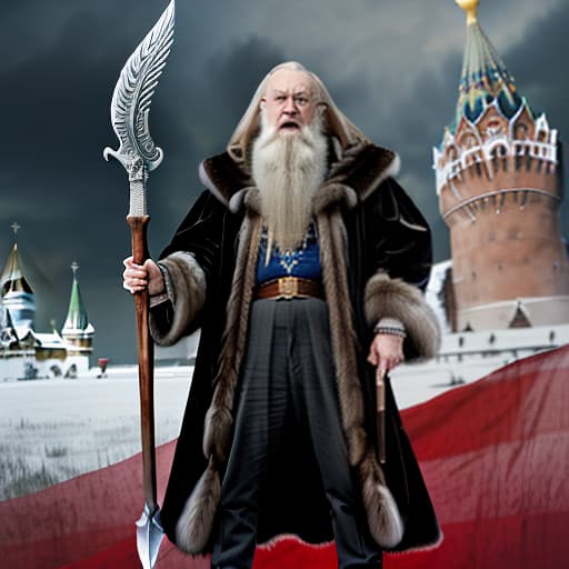  a very angry full length albus dumbledore in a breast armor, a fur coat and a pistol in his right hand and with an axe in his left with the russian flag in the background and with the kremlin