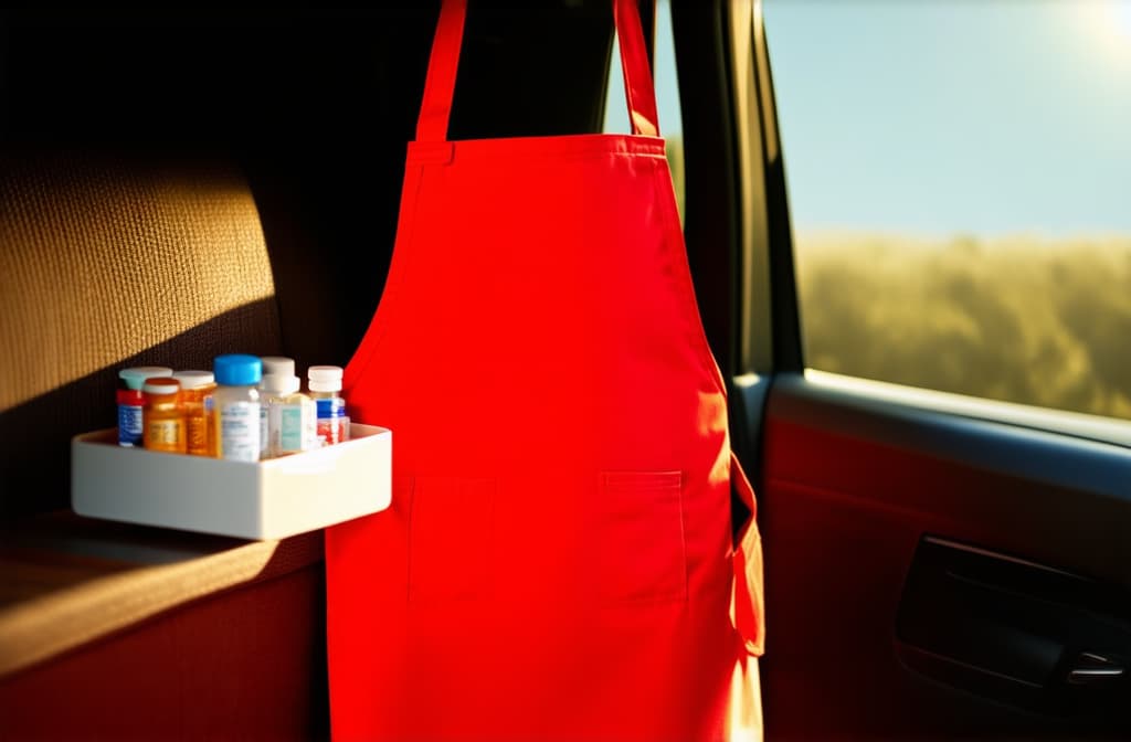  cinematic film style, a red apron with medicines is in the car ar 3:2, shallow depth of field, vignette, maximum details, high budget hollywood movie, bokeh, cinemascope, moody, epic, gorgeous, sun rays and shadows on furniture and surfaces, flattering light, raw photo, photography, photorealistic, 8k resolution, f1.4, sharpened focus, sharp focus